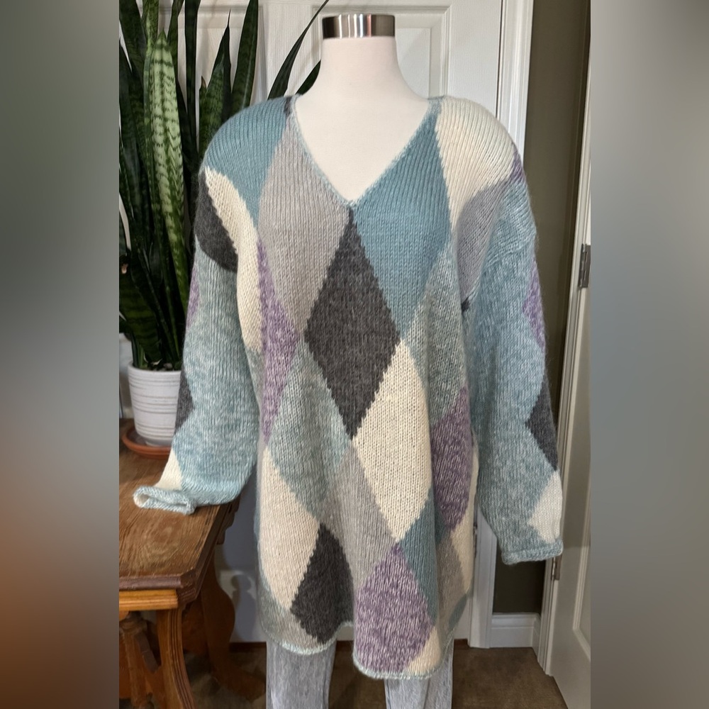 Vintage Mohair Argyle Oversized Sweater v-neck‎ 22/24 Soft Grunge